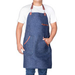 Leather-accented canvas apron, 'Culinarily Dapper' - Adjustable Leather-Accented Blue Canvas Apron