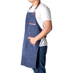Leather-accented canvas apron, 'Culinarily Dapper' - Adjustable Leather-Accented Blue Canvas Apron