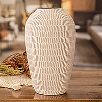 Ceramic vase, 'Natural Feel in Grey' - Modern Textured Hand-Painted Ivory and Grey Ceramic Vase