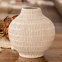 Ceramic vase, 'Exquisite Shape in Grey' - Hand-Painted Textured Ceramic Vase in Ivory and Grey