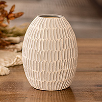 Ceramic vase, 'Dreams of Nature in Grey' - Ivory and Grey Textured Ceramic Vase Handmade in Guatemala