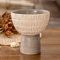 Ceramic vase, 'Textures in Grey' - Ivory and Grey Modern Ceramic Vase Handmade in Guatemala