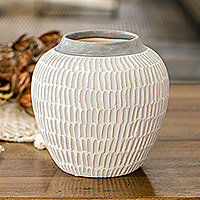 Ceramic vase, 'Floral Universe in Grey' - Modern Textured Ceramic Vase with Hand-Painted Grey Accents