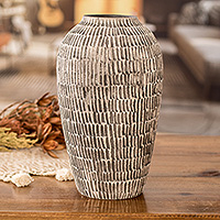 Ceramic vase, 'Natural Feel in Black' - Modern Textured Hand-Painted Ivory and Black Ceramic Vase