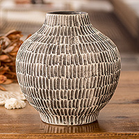 Ceramic vase, 'Exquisite Shape in Black' - Hand-Painted Textured Ceramic Vase in Ivory and Black