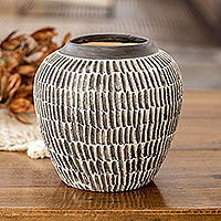 Ceramic vase, 'Floral Universe in Black' - Modern Textured Ceramic Vase with Hand-Painted Black Accents