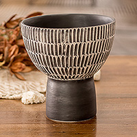 Ceramic vase, 'Textures in Black' - Hand-Painted Modern Ceramic Vase in Ivory and Black