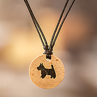 Coconut shell and lava stone pendant necklace, 'Sweet Schnauzer' - Coconut Shell and Lava Stone Schnauzer Dog Pendant Necklace