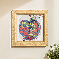 Cotton and wool blend wall art, 'Heartbeat' - Nature-Themed Cotton and Wool Blend Wall Art with Frame
