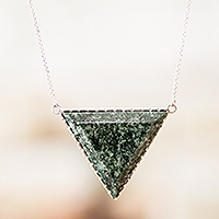 Jade pendant necklace, 'Dark Green Triangle' - Sterling Silver Necklace with Green Jade Triangle Pendant