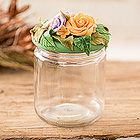 Papier mache decorative jar, 'Among Flowers' - Hand-Painted Papier Mache Floral and Leaf Decorative Jar