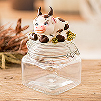 Papier mache decorative jar, 'Tenderness' - Hand-Painted Cow-Themed Papier Mache Decorative Jar