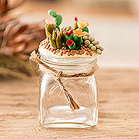 Papier mache decorative jar, 'Succulents' - Hand-Painted Succulent-Themed Papier Mache Decorative Jar