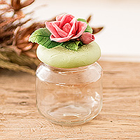 Papier mache decorative jar, 'Fragrant Rose' - Hand-Painted Rose-Themed Papier Mache Decorative Jar