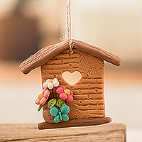 Ceramic and papier mache ornament, 'Entry of Joy' - Hand-Painted House-Themed Ceramic and Papier Mache Ornament