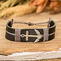 Men's leather pendant bracelet, 'High Seas Anchor' - Men's Black Leather Stainless Steel Anchor Pendant Bracelet