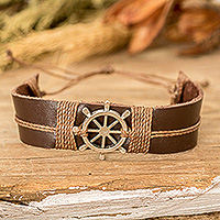 Men's leather pendant bracelet, 'High Seas Helmsman' - Men's Leather and Stainless Steel Helmsman Pendant Bracelet