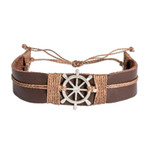 Men's leather pendant bracelet, 'High Seas Helmsman' - Men's Leather and Stainless Steel Helmsman Pendant Bracelet