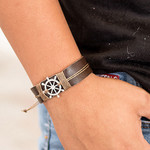 Men's leather pendant bracelet, 'High Seas Helmsman' - Men's Leather and Stainless Steel Helmsman Pendant Bracelet