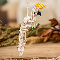 Crystal and glass beaded ornament, 'White Cockatoo' - Crystal and Glass Beaded White Cockatoo-Themed Ornament