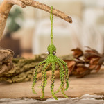 Crystal and glass beaded ornament, 'Green Aquatic Life' - Crystal and Glass Beaded Green-Hued Octopus-Themed Ornament