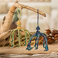 Crystal and glass beaded ornaments, 'Lovely Aquatic Life' (pair) - Pair of Crystal and Glass Beaded Octopus-Themed Ornaments