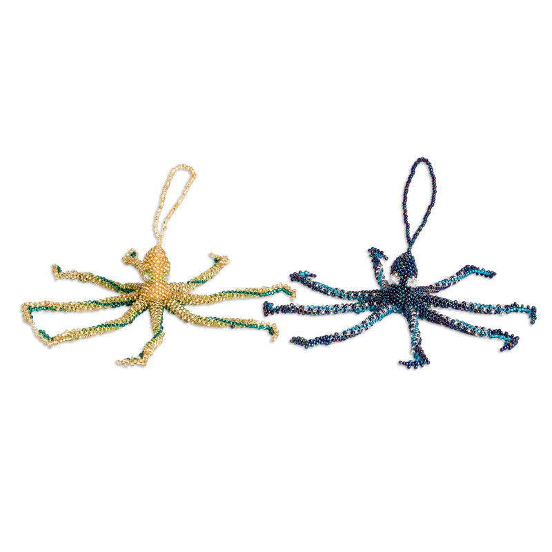 Pair of Crystal and Glass Beaded Octopus-Themed Ornaments - Lovely ...