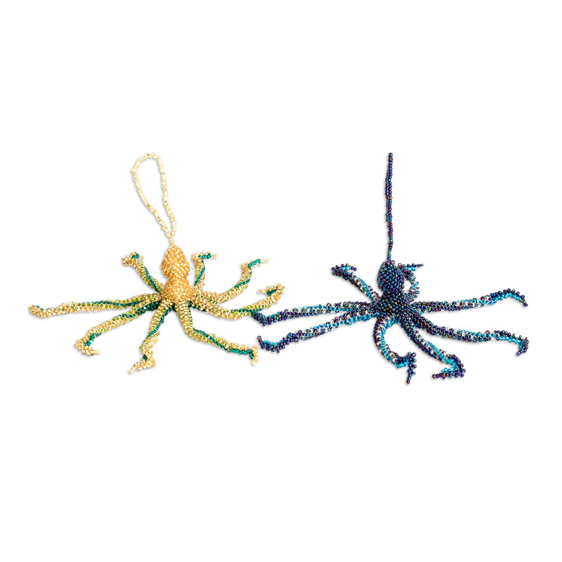Pair of Crystal and Glass Beaded Octopus-Themed Ornaments - Lovely ...