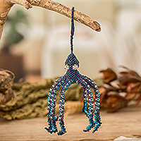 Crystal and glass beaded ornament, 'Blue Aquatic Life' - Crystal and Glass Beaded Blue-Hued Octopus-Themed Ornament