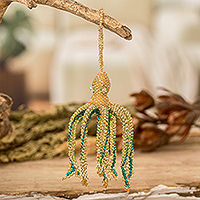 Crystal and glass beaded ornament, 'Golden Aquatic Life' - Crystal and Glass Beaded Golden-Hued Octopus-Themed Ornament