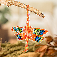 Glass beaded ornament, 'Orange Free Flight' - Glass Beaded Dragonfly Ornament in Orange Hue from Guatemala