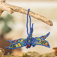 Glass beaded ornament, 'Blue Free Flight' - Glass Beaded Dragonfly Ornament in Blue Shade from Guatemala