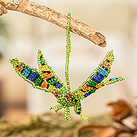 Glass beaded ornament, 'Light Green Free Flight' - Glass Beaded Dragonfly-Themed Ornament in Light Green Shade
