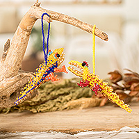 Glass beaded ornaments, 'Ferocious Friends' (pair) - Two Glass Beaded Crocodile-Themed Ornaments from Guatemala