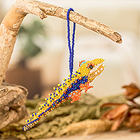 Glass beaded ornament, 'Bold Ferocious Friend' - Yellow Blue Orange Glass Beaded Crocodile-Themed Ornament