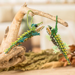 Glass beaded ornaments, 'Green Ferocious Friends' (pair) - Pair of Glass Beaded Crocodile Ornaments from Guatemala