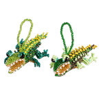 Glass beaded ornaments, 'Green Ferocious Friends' (pair) - Pair of Glass Beaded Crocodile Ornaments from Guatemala