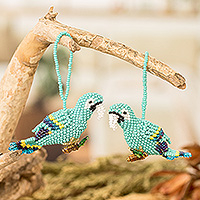 Glass beaded ornaments, 'Marvelous Macaws' (pair) - Pair of Glass Beaded Macaw-Themed Ornaments from Guatemala