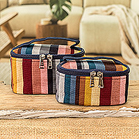 Cotton cosmetic bags, 'Stunning Styles' (pair) - Pair of Colorful Striped Handwoven Cotton Cosmetic Bags