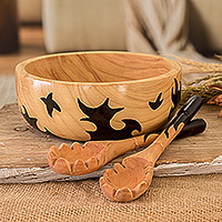 Wood salad serving set, 'Blazing Brilliance' - Wood Salad Bowl and Spoons with Hand-Painted Flame Motifs