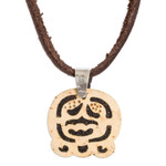 Coconut shell and lava stone pendant necklace, 'Harmony and Peace' - Coconut Shell and Lava Stone Ak'ab'al Sign Pendant Necklace