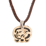 Coconut shell and lava stone pendant necklace, 'Free Path' - Coconut Shell and Lava Stone Maya E Sign Pendant Necklace