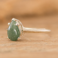 Green jade solitaire ring, 'Jade Teardrop in Green' - Sterling Silver Solitaire Ring with Green Guatemalan Jade