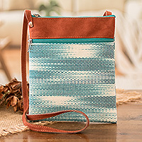 Cotton sling bag, 'Paradise in Aquamarine' - Faux Leather-Accented Cotton Sling Bag in Aquamarine Hues