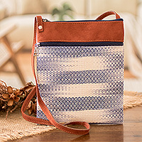 Cotton sling bag, 'Paradise in Blue-Violet' - Faux Leather-Accented Cotton Sling Bag in Blue-Violet Hues