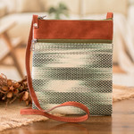 Cotton sling bag, 'Forest Beauty' - Faux Leather-Accented Cotton Sling Bag in Forest Green Hues