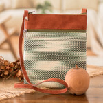 Cotton sling bag, 'Forest Beauty' - Faux Leather-Accented Cotton Sling Bag in Forest Green Hues