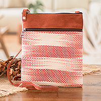 Cotton sling bag, 'Paradise in Salmon' - Faux Leather-Accented Cotton Sling Bag in Salmon Hues