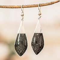 Jade dangle earrings, 'Maya Lance of Power' - Handcrafted Folk Art Black Jade Cabochon Dangle Earrings