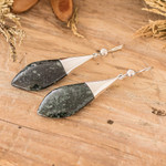 Jade dangle earrings, 'Maya Lance of Power' - Handcrafted Folk Art Black Jade Cabochon Dangle Earrings